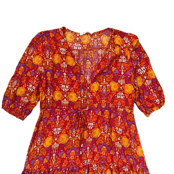 Abel the Label Cottagecore Floral Tiered‎ Midi Dress S Red Fall Prairie Peasant - Picture 5 of 16